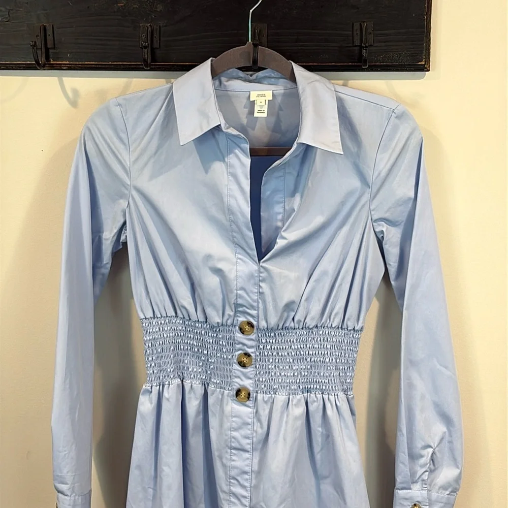 River Island Blue Cotton Blend Long Sleeve Elastic Waist Mini Shirt Dress Size 2 - Picture 3 of 7